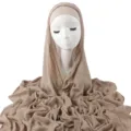 Solid color pleated rayon hijab scarf with matching elastic under cap set for women. - Light Coffee