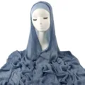 Blue crinkled rayon long hijab scarf with matching elastic inner cap set for women daily wear. - Denim Blue