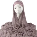 Solid color crinkled rayon long hijab scarf with matching elastic under cap set for women - Eggplant Purple