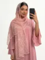 Pink embroidered floral chiffon hijab scarf and matching dress for elegant daily wear. - 12 Nude Pink