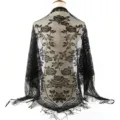Black lace floral triangle shawl, breathable sheer fringe wrap scarf for women wedding veil - Black