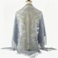 Elegant grey lace triangular shawl with delicate rose floral pattern and fringe design. - 01 Grey