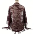 Wine red lace triangle scarf, hollow rose floral fringe shawl, elegant breathable wedding veil. - 02 Wine Red