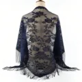 Elegant dark blue lace floral triangular shawl with delicate fringe details for women. - 03 Navy Blue