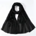 Black pleated embroidered long scarf hijab breathable shiny silk fashion head cover wrap - 175*75cm / Black