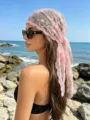 Pink lace headscarf, vintage floral mesh hair band and sun protection head wrap for women. - 130*45cm / Pink