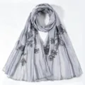 Grey crinkle chiffon embroidered scarf hijab, elegant lightweight beaded edge wrap. - 175*75cm / Gray