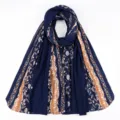 Navy blue pleated floral long scarf hijab, stylish breathable wrapping headscarf. - Dark Blue