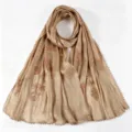 Gold Metallic Crinkle Hijab Scarf Elegant Embroidered Floral Breathable Long Head Wrap - 175*75cm / Gold-Beige