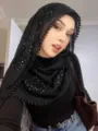 Black Sequin Embroidered Hijab Scarf Women Vintage Lace Headscarf Versatile Shawl Wrap - Black