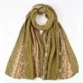 Olive green pleated printed long scarf hijab for women, fashion breathable Muslim headwear wrap. - Olive Green