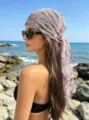 Vintage lace headscarf for women, elegant embroidered floral triangle hair scarf. - 130*45cm / Brown