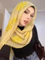 Yellow crinkled sequin embroidered hijab scarf, vintage floral lace edge shawl wrap. - Yellow