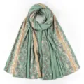 Elegant pleated floral long scarf hijab, soft breathable material for women daily wear. - Green