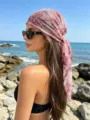 Vintage pink lace headscarf for women, elegant floral triangle hair wrap and boho beach sun scarf. - 130*45cm / Pink