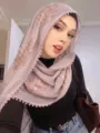 Women vintage crinkle hijab scarf with floral embroidery, sequins, and delicate lace trim. - Pink
