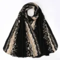 Pleated printed long scarf hijab, breathable head wrap, elegant black beige fashion accessory. - Black