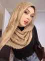 Beige Sequin Embroidered Scarf Hijab, Vintage Floral Lace Shrug Shawl for Women - Champagne