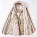 Pleated printed long hijab scarf, elegant floral border design, lightweight breathable fabric. - Off White