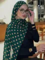 Women green polka dot scarf stylish voile hijab head wrap fashion long shawl accessory - Dark Green