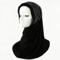 Close-up detail view of black rhinestone diamond lattice stretch hijab cap undercap with chin cover. - One Size / Black 01