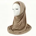 Detail view of the elegant rhinestone hijab cap, soft mercerized cotton, solid color stretch. - One Size / Khaki