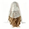 White lace veil with religious embroidery and breathable fabric for wedding and fashion wear. - White