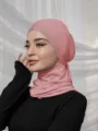 Pink rhinestone embellished balaclava headscarf for women, soft mercerized cotton detail view. - Pink