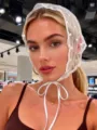 White lace triangle headscarf with polka dots and ribbon tie, stylish hair accessory for women. - 10 / White
