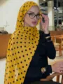 Women yellow polka dot voile hijab scarf, stylish cotton print head wrap and long shawl for daily. - Yellow