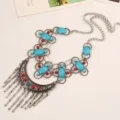 Vintage turquoise resin rhinestone tassel statement necklace for women fashion jewelry. - Antique Silver