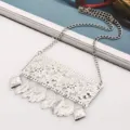 Silver metal engraved rectangular statement necklace with fringe leaf charms for women fashion. - Silver