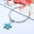 Retro Türkis Blume kurze Halskette mit hohlem silbernen Metallketten Boho Stil Schmuck - Antik Silber Blau