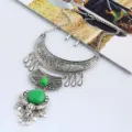 Vintage Boho Silber Stier Schädel Halskette Grüne Stein Quaste Statement Schmuck Set Damen - Silver+Green