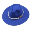 Blue wool felt fedoras wide flat brim jazz hat with white rope chain band for women men - M (56-58cm) / Sapphire Blue