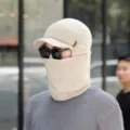 Men winter warm knitted beanie hat with fleece face mask and earflaps khaki color. - One Size / Set / Beige