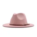 Chapeau fedora en laine rose pour femmes, chapeau de jazz vintage automne hiver avec fine ceinture. - M (56-58cm) / Rose Clair