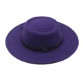 Chapeau feutre plat à large bord violet avec ceinture noire et boucle en métal pour automne hiver - M (56-58cm) / Violet