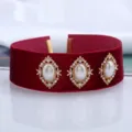 Red velvet choker necklace with vintage gold rhinestone oval pearl pendants for women fashion - Burgundy with Three Pearls Pendant Style