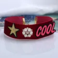 Red velvet choker necklace with star, pearl flower and COOL embroidery for women. - Red with Text Embroidery Style