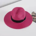 Sombrero de paja rosa para mujer verano playa vacaciones elegante fedora panama con cinta negra. - M (56-58cm) / Rosa rojo