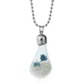 Close-up detail of the glass bottle pendant necklace featuring blue dried flowers inside. - Blue