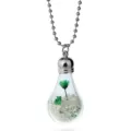 Detailed close-up shot of glass bulb pendant necklace with green dried flowers and clear beads. - Green