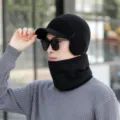 Men winter knitted hat fleece lined warm earflap cap and neck warmer set black thick - One Size / Set / Black