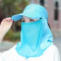 Sun protection hat with face mask neck flap UV block outdoor cycling cap for women blue - M (56-58cm) / Cyan