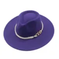Stylish purple woolen fedora hat with white rope and metal chain for men and women. - M (56-58cm) / Purple