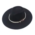 Classic black woolen fedora hat with beige rope and metal chain, stylish flat wide brim. - M (56-58cm) / Black