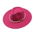 Women Men Wide Brim Wool Felt Fedora Hat Flat Brim Jazz Hat with Chain Decoration - M (56-58cm) / Rose Red