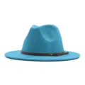 Chapeau Fedora en Laine Femme Bleu Style Britannique Élégant Chapeau à Large Bord Ceinture - M (56-58cm) / Bleu lac