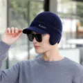 Winter warme Strickmütze für Herren gefütterte Beanie Mütze mit Schirm Ohrenklappen Radfahren - Einheitsgröße / Einzelner Hut / Marineblau